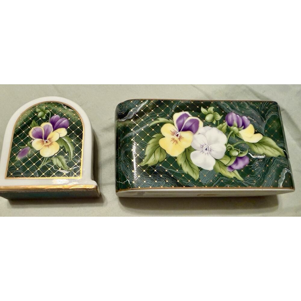 Neiman Marcus Floral Porcelain Desk Set Clock & Pen Holder Hand Painted Japan